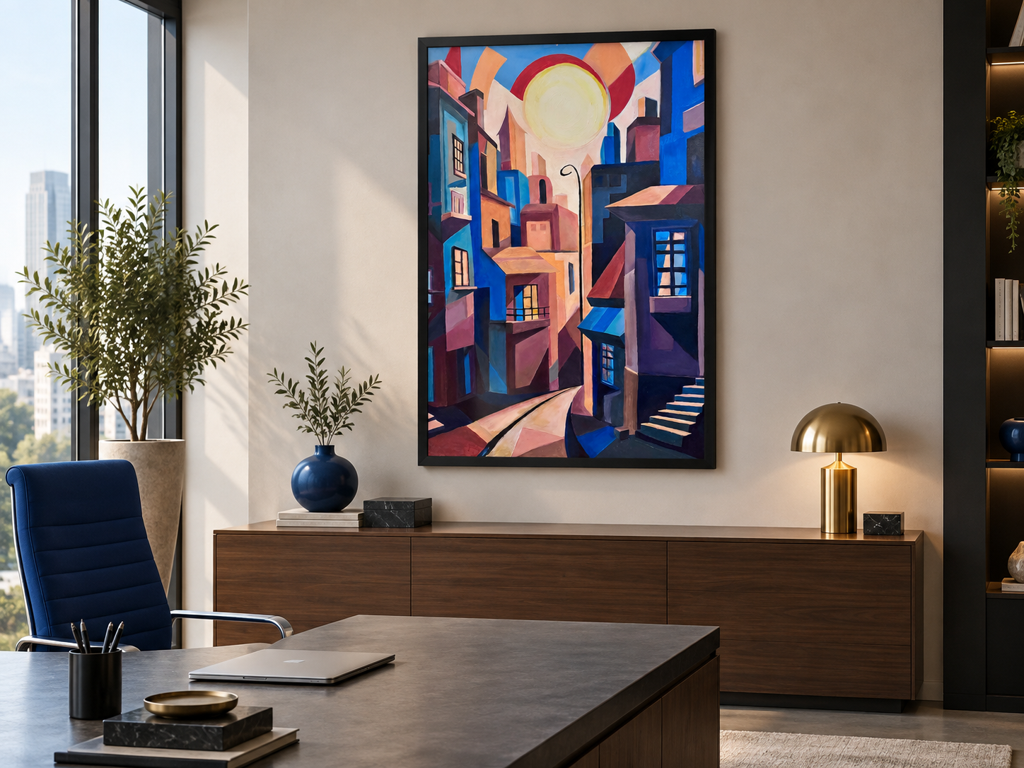 Colorful framed cityscape artwork displayed in a modern interior