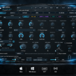 Melodyn synthesizer displayed on a dark pedestal with Mac, Windows, VST and AU support.