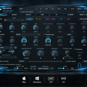 Melodyn synthesizer displayed on a dark pedestal with Mac, Windows, VST and AU support.