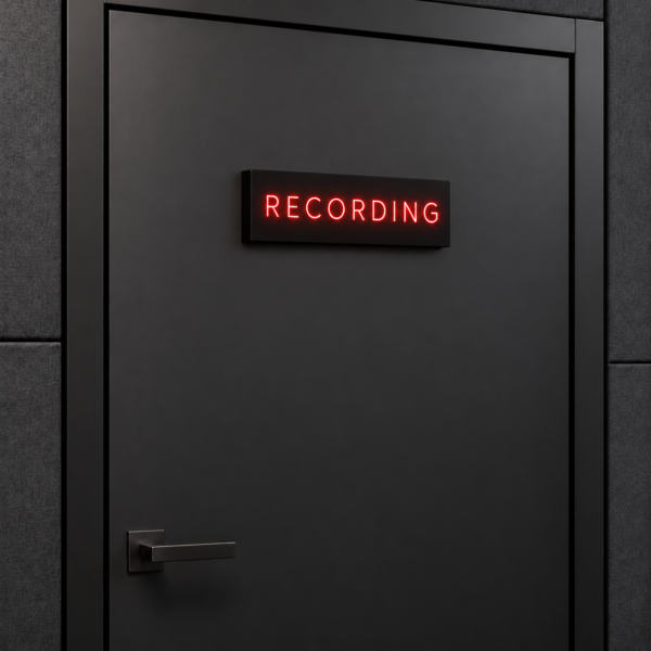 Black resin recording sign with thin red illuminated lettering
