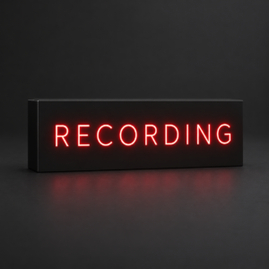 Black resin recording sign with thin red illuminated lettering