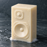 Ivory speaker-shaped soap with molded tweeter and woofer on a dark stone surface