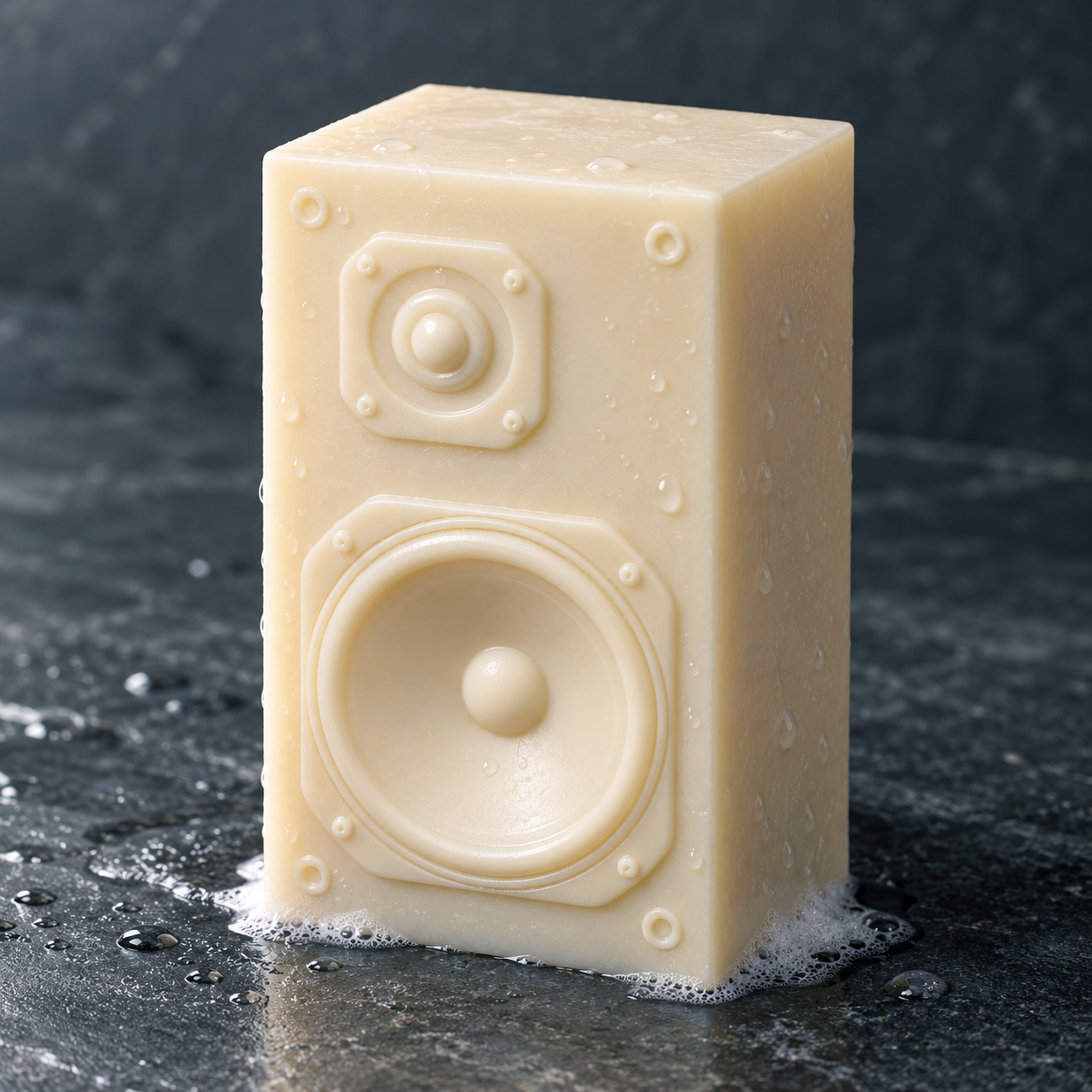 Ivory speaker-shaped soap on a dark stone surface